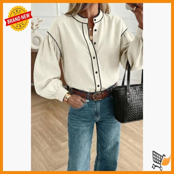 Cotton Blend Button Down Blouse Lantern Sleeves Regular Fit Office Casual - Picture 3 of 7